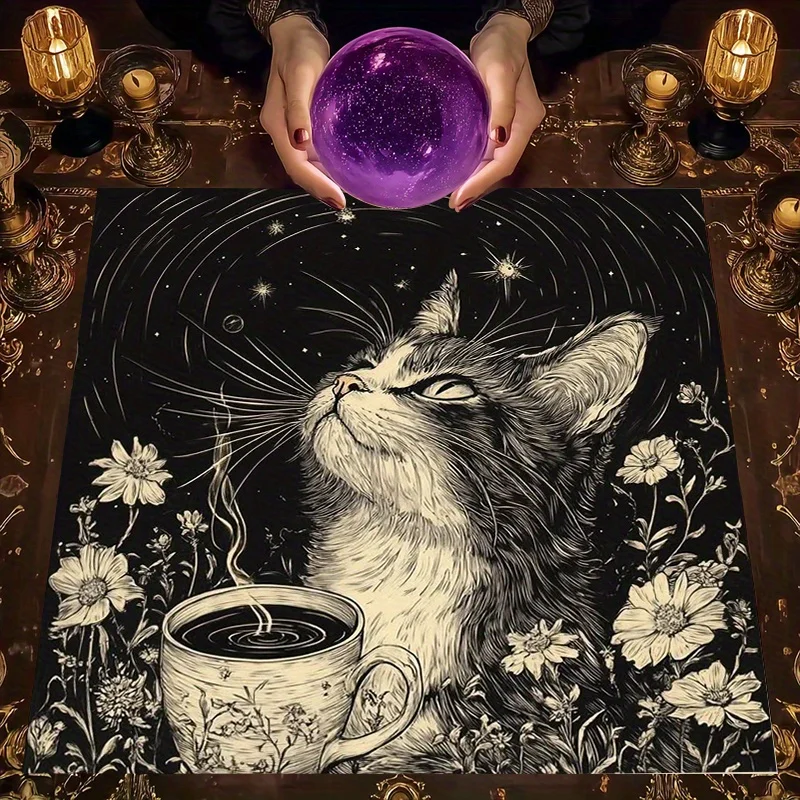 VIKAMA Black White Starry Cat Coffee Tarot Altar Cloth Retro Floral Ritual Tablecloth Tarot Reading Cloth Energy Cleansing