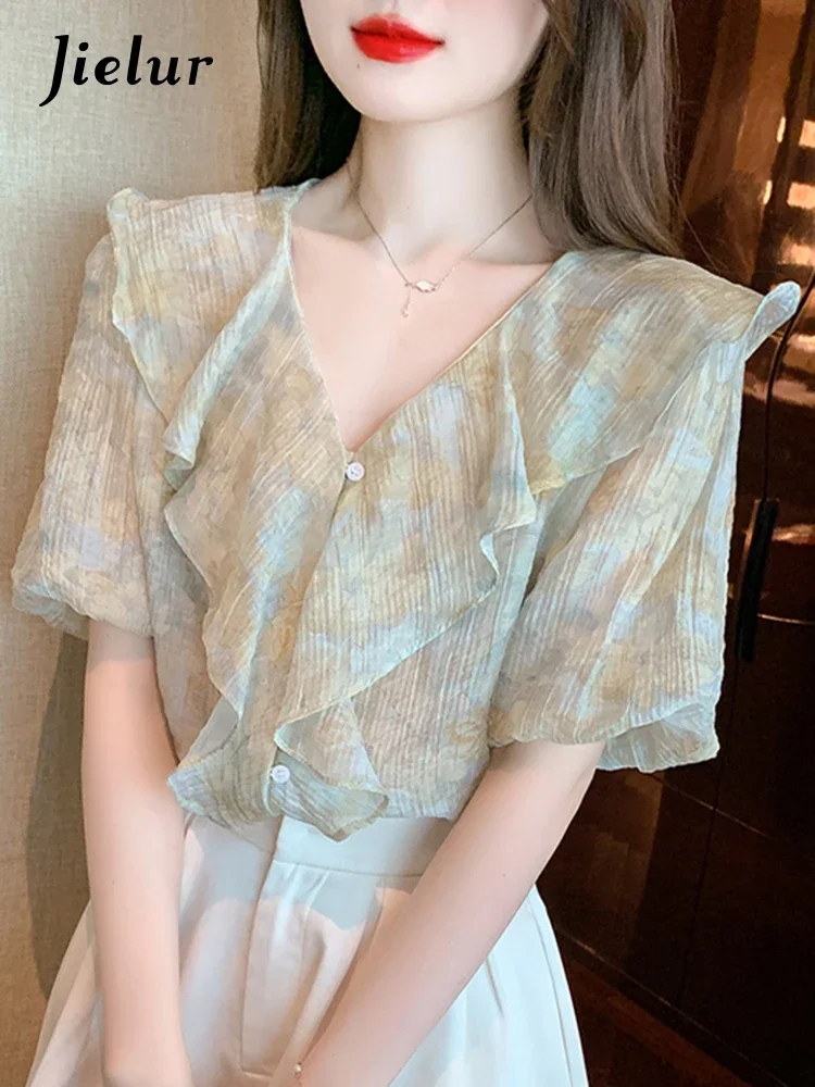 Jielur Ruffled Puff Manga V-neck Camisas das Mulheres Novas Chiffon Floral Casual Chic Estilo Coreano Camisa Feminina Senhora Do Escritório Elegante