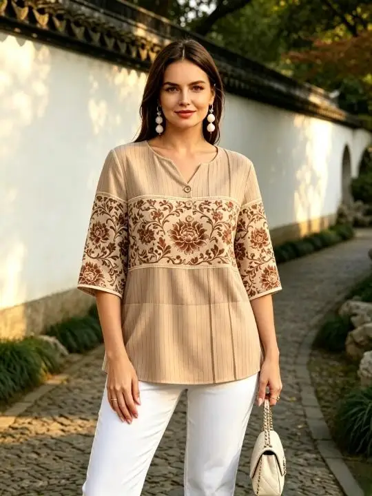 Oriental Print Blouse Notch V Neck 3/4 Sleeve Vertical Texture Shirts Bamboo Peony Floral Casual Daily Vacation Women Soft Tops
