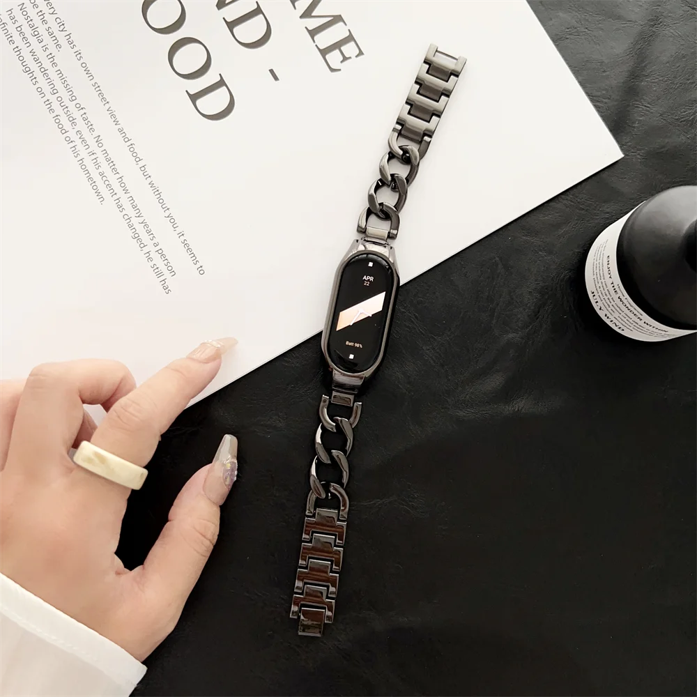 حزام معدني ل شاومي Mi الفرقة 8 7 6 5 4 3 موضة الدنيم سلسلة الفولاذ المقاوم للصدأ سوار ل Miband 5 6 4 3 استبدال معصمه