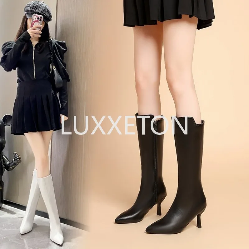 2024 New Women\'s Over the Knee Boots Leather Sexy Small Fashionable Pointed Heel High Sleeve Winter Boots Casual Office