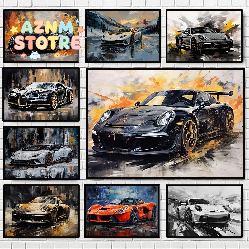 Modern Abstract Luxury Cars Poster Colorful Famous Brand Sports Car Canvas Painting Trendy Wall Art for Living Room Home Deco