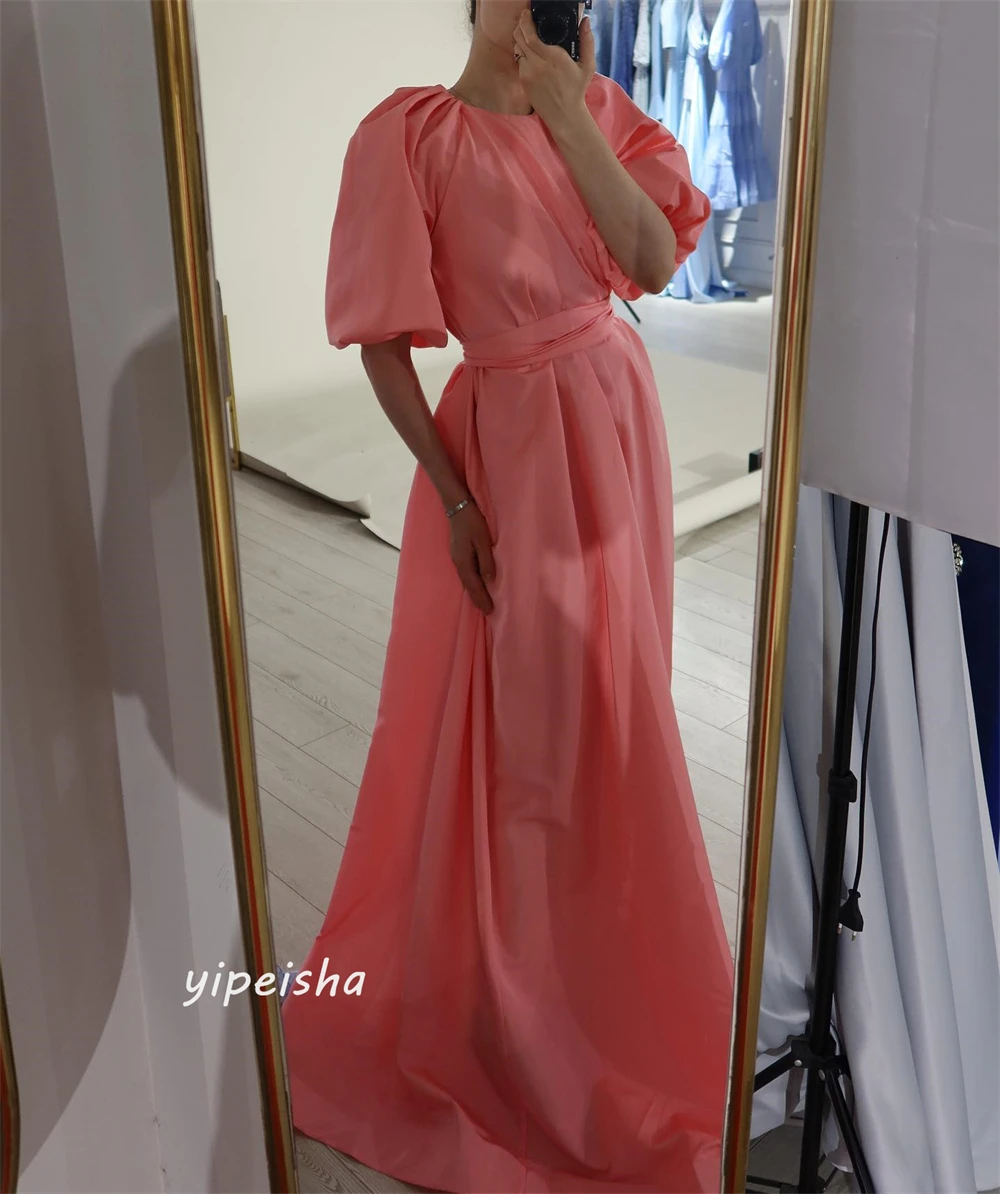 Satin Draped Pleat Ruched Celebrity A-line O-Neck Bespoke Occasion Gown Long Dresses Saudi Arabia Evening