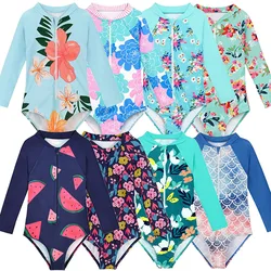 2-8 years Kids Girls Swimsuit One-Piece Suits 2024 Fashion Floral Print Long Sleeve Swimwear For Children Summer Bathing Suits