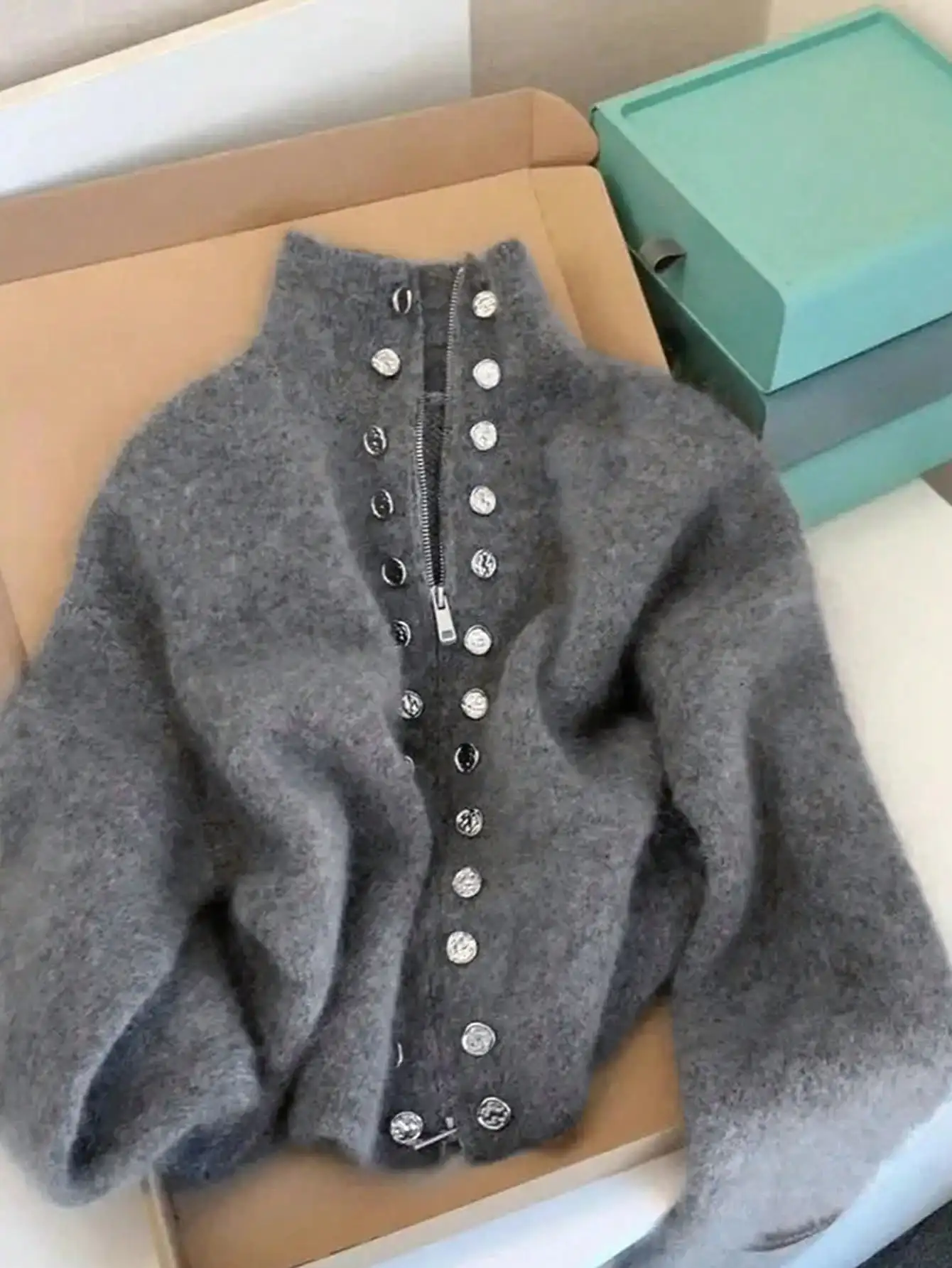 

Gray High-Neck Knit Cardigan with Dual-Zip & Metallic Studs, Loose Fit Long Sleeve