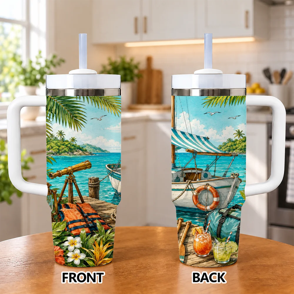 Tropical Pool Vacation Vacuum Flasks 40oz Insulated Stainless Steel Tumbler with Handle & Straw, Hot Cold Gift Cup