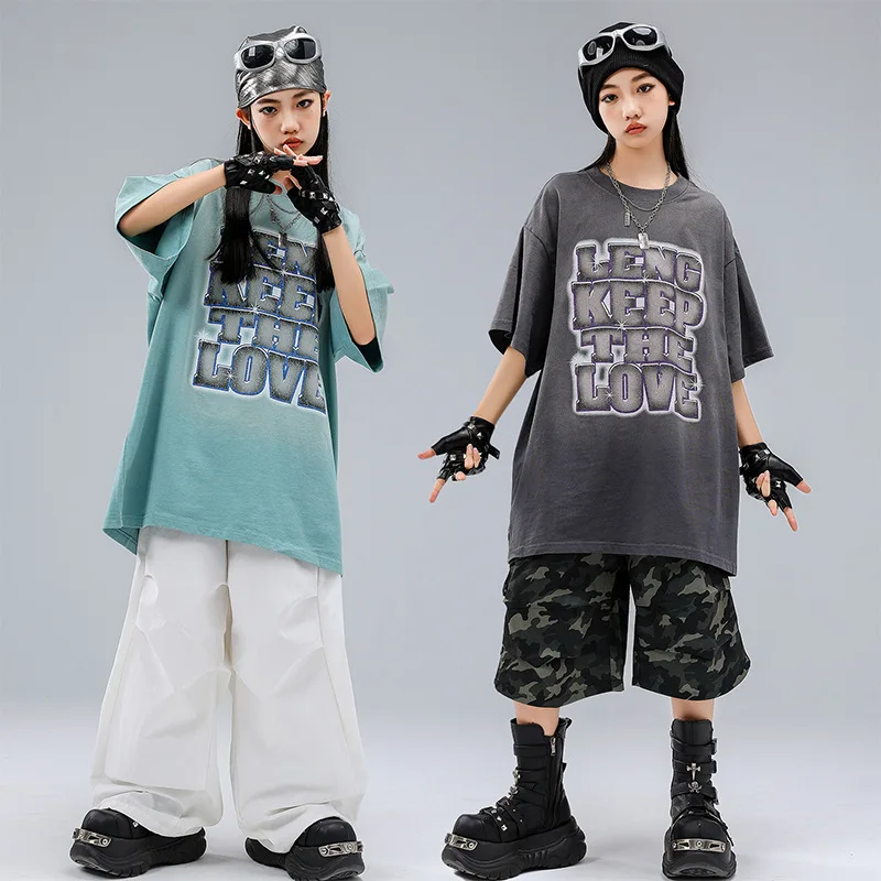 

Kid Kpop Hip Hop Clothing Blue Gray Graphic T Shirt White Parachute Pants Camo Cargo Shorts for Girl Boy Dance Costumes Clothes
