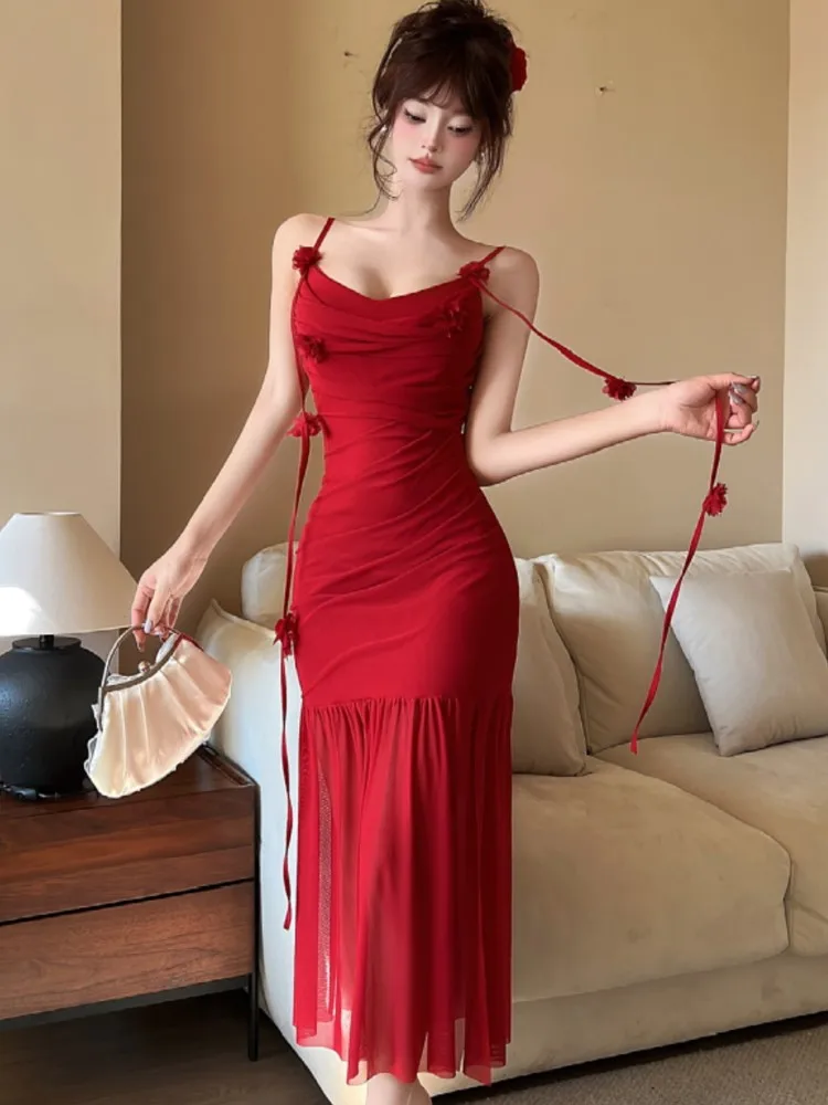 

Sexy Spaghetti Strap Womens Dresses French Elegant Swinging Collar Birthday Party Midi Dress Female Slim Waist Vestidos Mujer