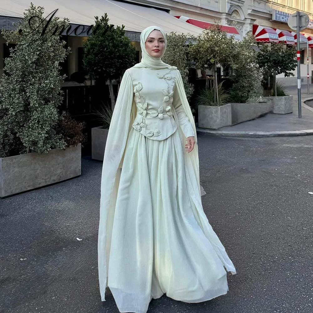 Amour Maßgeschneiderte Muslimische Abendkleider mit Hijab Lange Ärmel Bodenlange Schals Plissierte Moderne Partykleider فساتين 2026