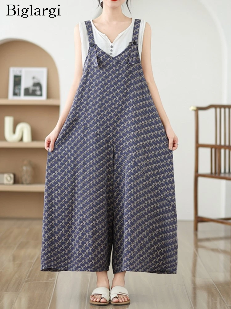 Oversized Print Summer Sleeveless Slip Jumpsuit Women Casual Loose Ruffle Pleated Ladies Jumpsuits Modis Woman Wide Leg Jumpsuit