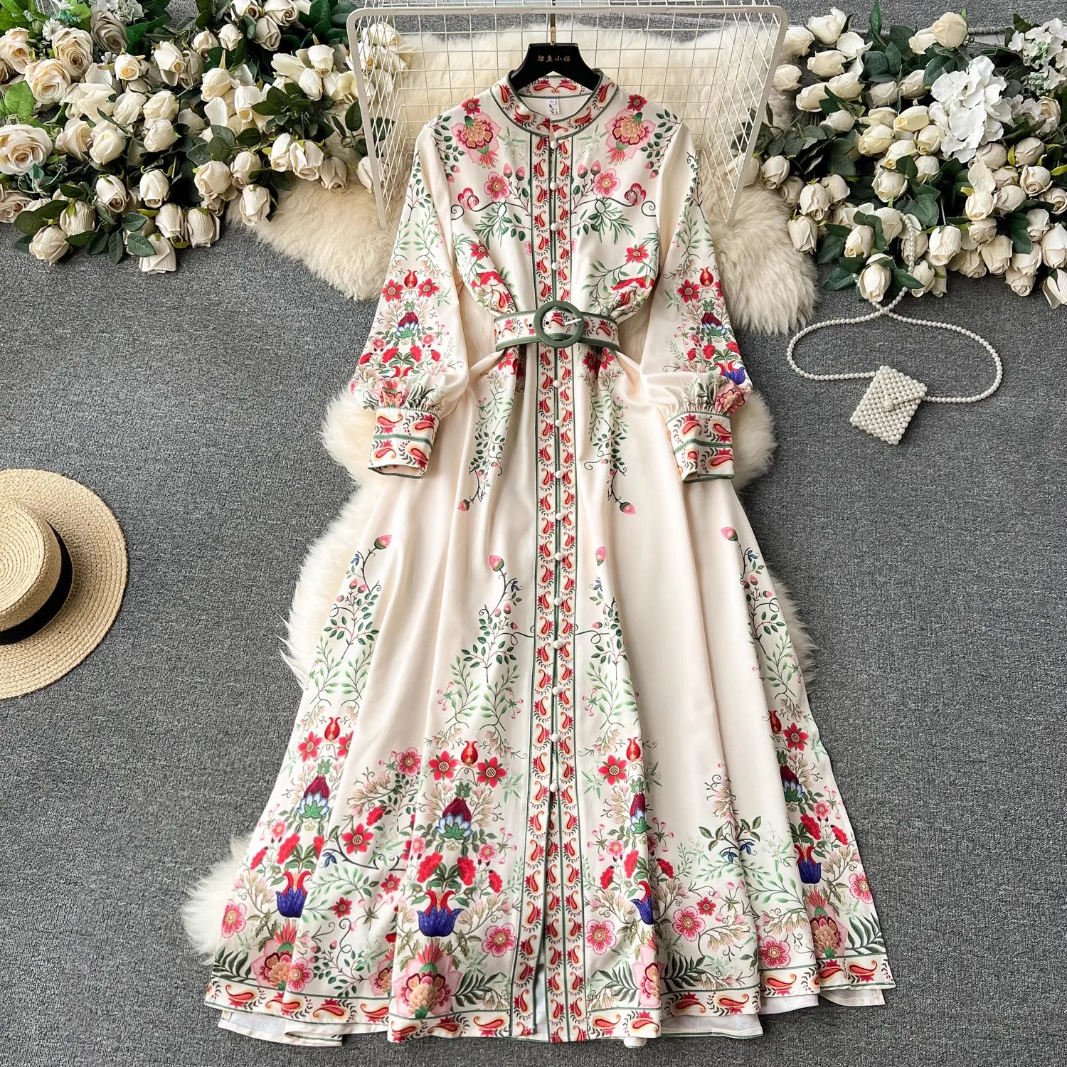 

Spring Autumn Runway Women's Stand Collar Long Lantern Sleeve Floral Print Single Breasted Belt Holiday Boho Maxi Robes 2365