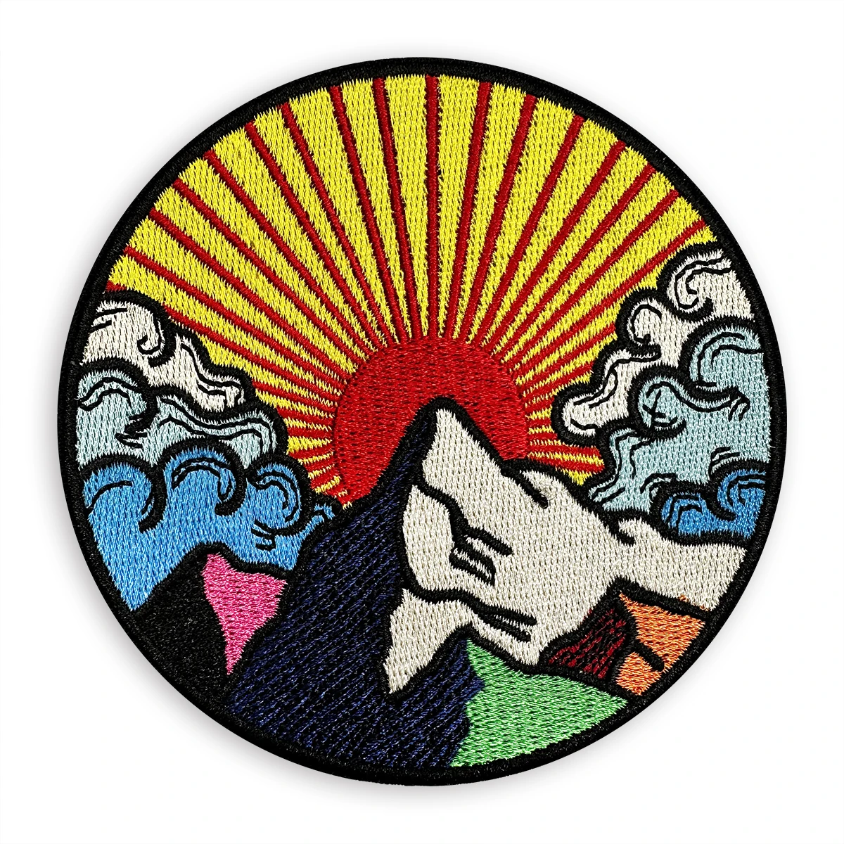 Gold Sunrise Embroidery Patches for Clothes  Iron Sew On The Mountains Outdoor Adventure Patch Colorful Embroidered Round DIY