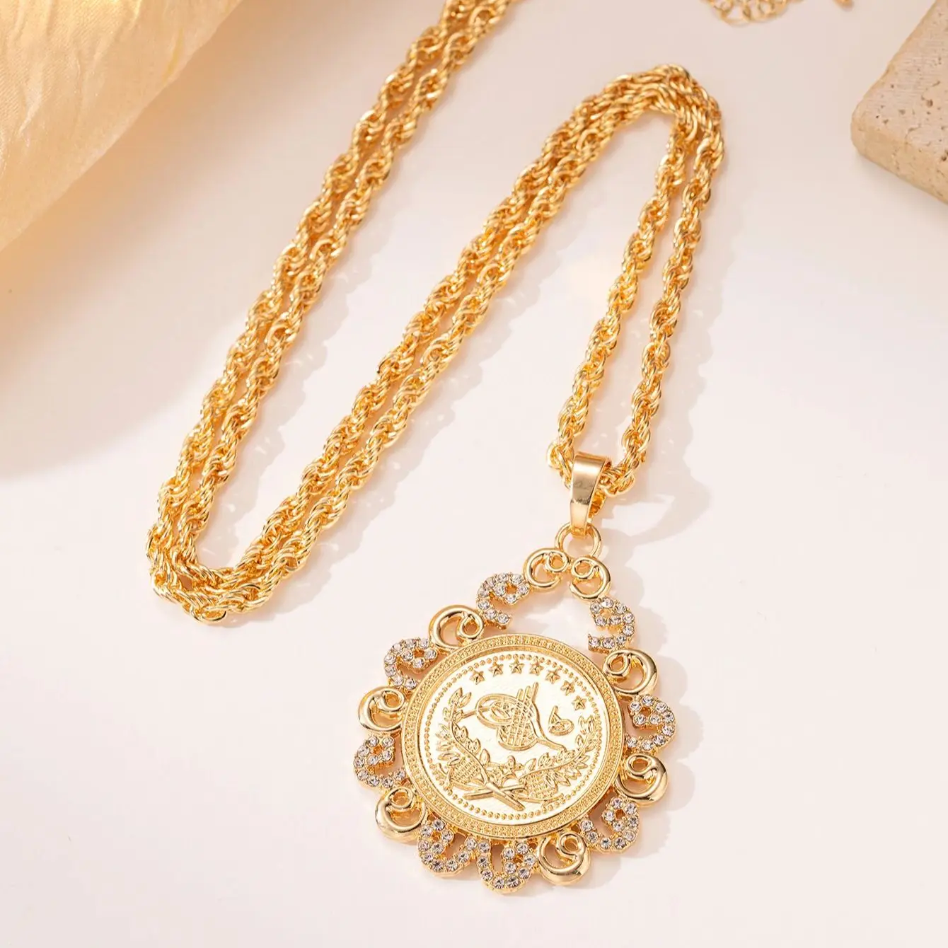 

Turkish Ottoman Vintage Coin Necklace for Women with Silver-Plated Chain Water Drop Pendant Ethnic Wedding Gift