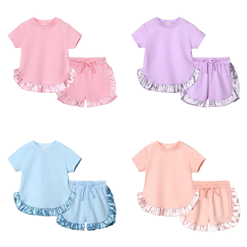 Summer New Kids Clothes Girl Outfit Set Solid Color Cotton Short Sleeve Tops Shorts 2 Pcs Fashion Children's Sets 1-6 Years