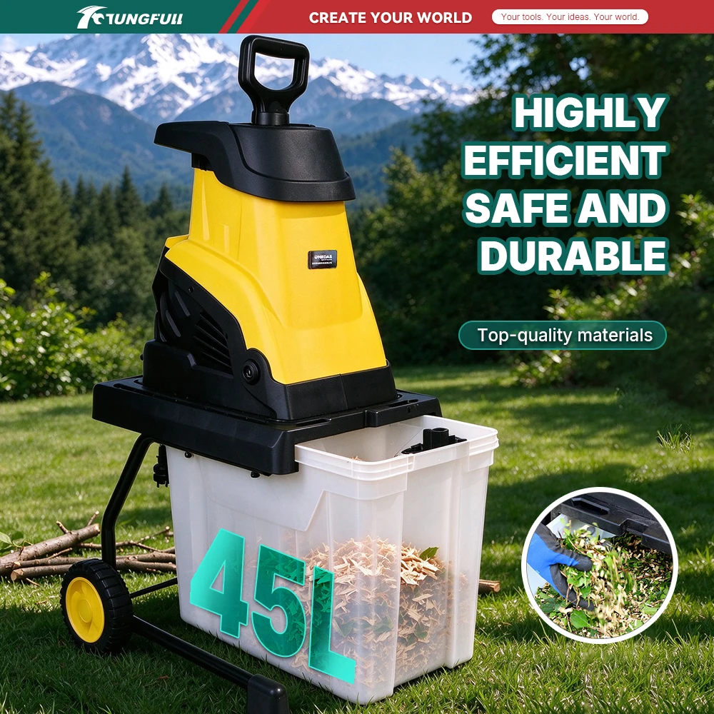 Garden Wood Chipper Electric Branch Shredder Wheeled Design 45L for Orchard Tree Pruning Waste Landscaping Debris Clearing
