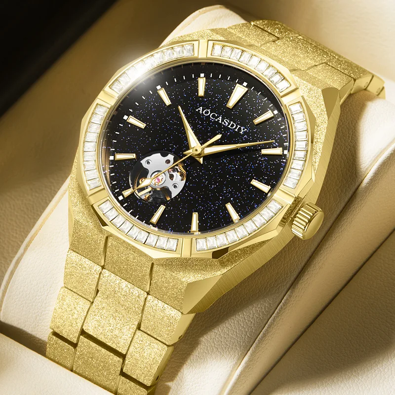 

Новые роскошные мужские автоматические механические часы со скелетом, матовый стальной ремешок с бриллиантами, водонепроницаемые деловые наручные часы со звездным небом и циферблатом