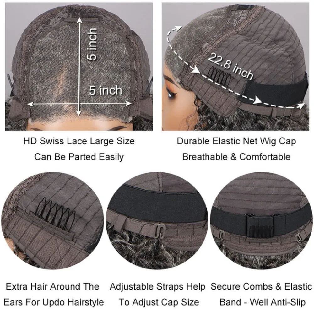 100% cabello humano Real de sal y pimienta, peluca gris rizada Jerry corta sin pegamento, pelucas con cierre frontal de encaje 5x5 para mujeres maduras y elegantes