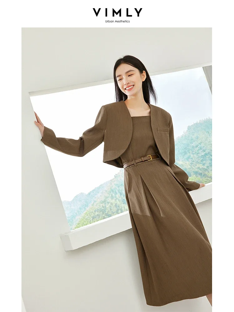 Vimly Coffee Elegant Blazer Suit Cropped Jacket A-line Pleated Midi Dress 2023 Autumn Winter New Office Lady Matching Sets M3967