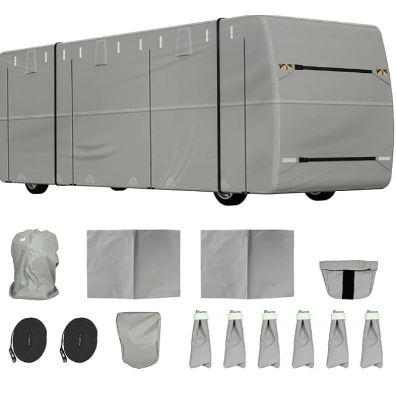 Class A RV Cover -Windproof Upgrade TOP 500D Oxford Camper Cover Breathable Tear-Resistance Waterproof Anti-UV, 2 Secure