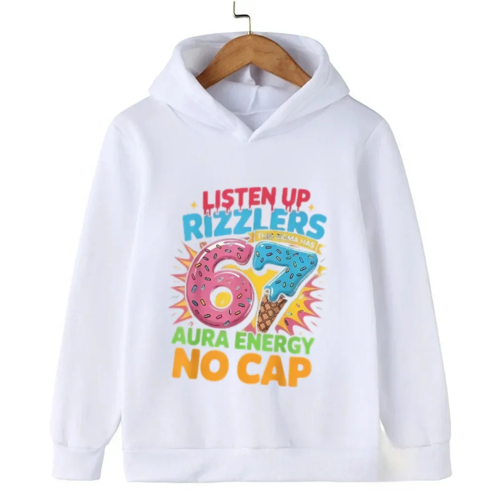 Rizzlers 67 Sigma Hoodie für Kinder, Jungen und Mädchen, Unisex Streetwear Sweatshirt, Donut-Eiscreme-Grafikdruck, Langarm-Kapuzenpullover – Detail 4