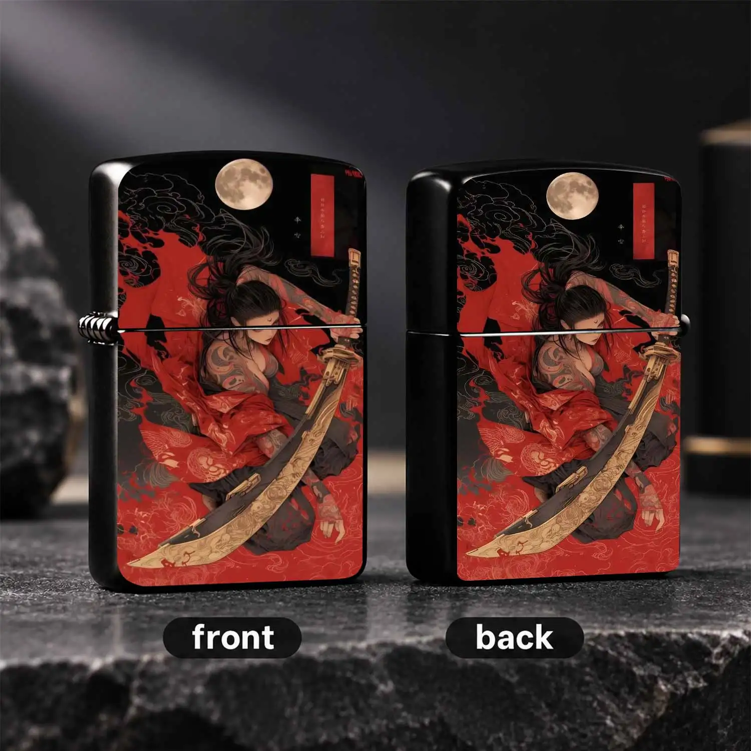 Japanese Ukiyo-e Style, Full Moon Samurai Geisha Pattern Retro Art Print, Exquisite Engraved Large Blade Tattoo Lady Design, PORTABLE Windproof Decorative For Collection, Unique Creative Gift For Art Lovers A fun and humorous lighter
