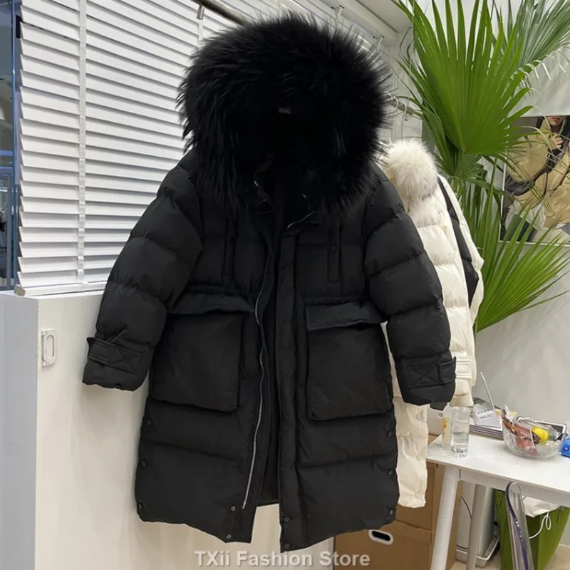 TXii New 2023 Big Real Raccoon Fur Hooded Duck Down Coat Waterproof Winter Women\'s Long Puffer Jacket Female Rain Feather Parkas