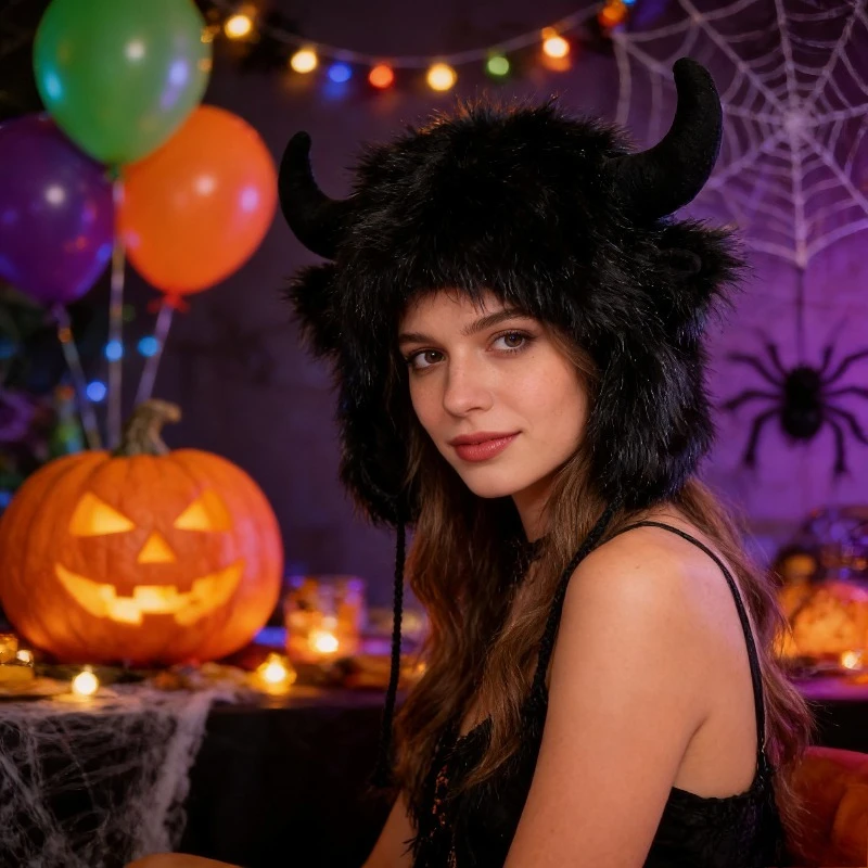 1 قطعة قبعة شتوية دافئة لحماية الأذن مضحكة برأس الثور من القطيفة - قبعة مقاومة للرياح والبرد للنساء لركوب الدراجات في الهالوين