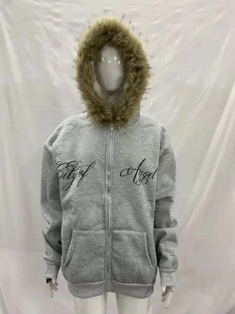 เสื้อฮู้ดฮาราจูกุสไตล์สตรีทแฟชั่น แต่งขนเฟอร์ ลายพิมพ์น่ารัก ซิปหน้า สไตล์อเมริกันเรโทร แขนยาว ลำลอง