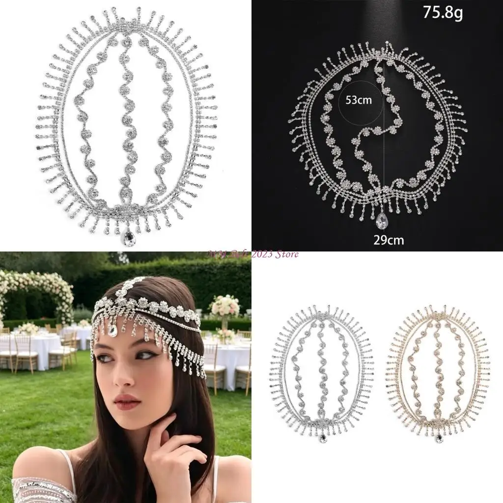

49ME Women Hairband Rhinestones Hair Jewelry Bridal Modern Blingbling Tassels for Bride Wedding Party Head Chain