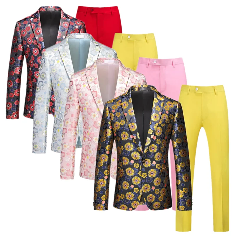 

New Men Jacquard Suit 2 Piece Red / Gold Host Singer Stage Luxury Performance Tuxedo Dress Flower Blazer and Pant