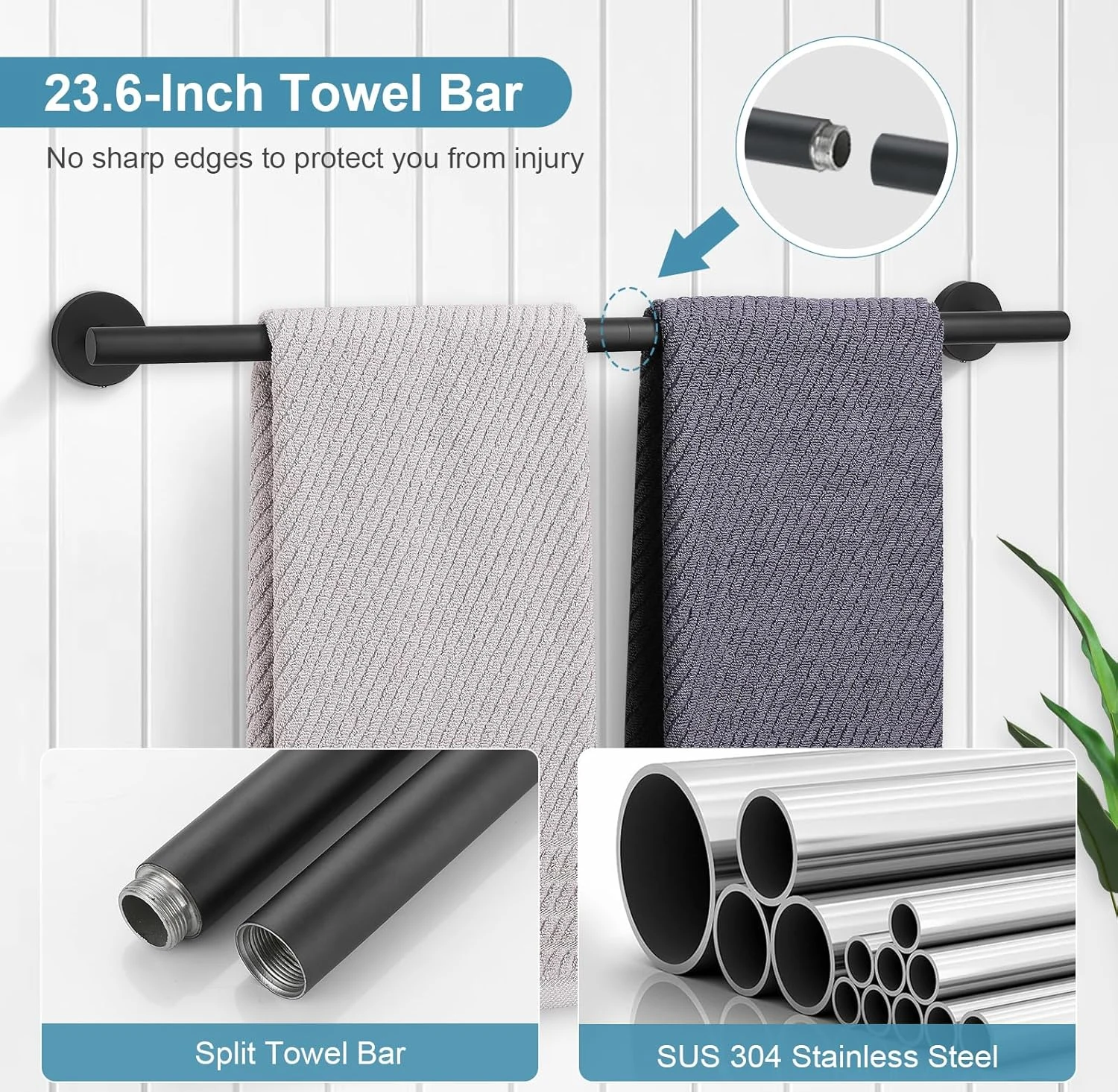 Matte Black Bathroom Hardware Set 5 Pieces, SUS304 Stainless Steel Towel Bar Set Round Bathroom Towel Rack Set Wall Mounted