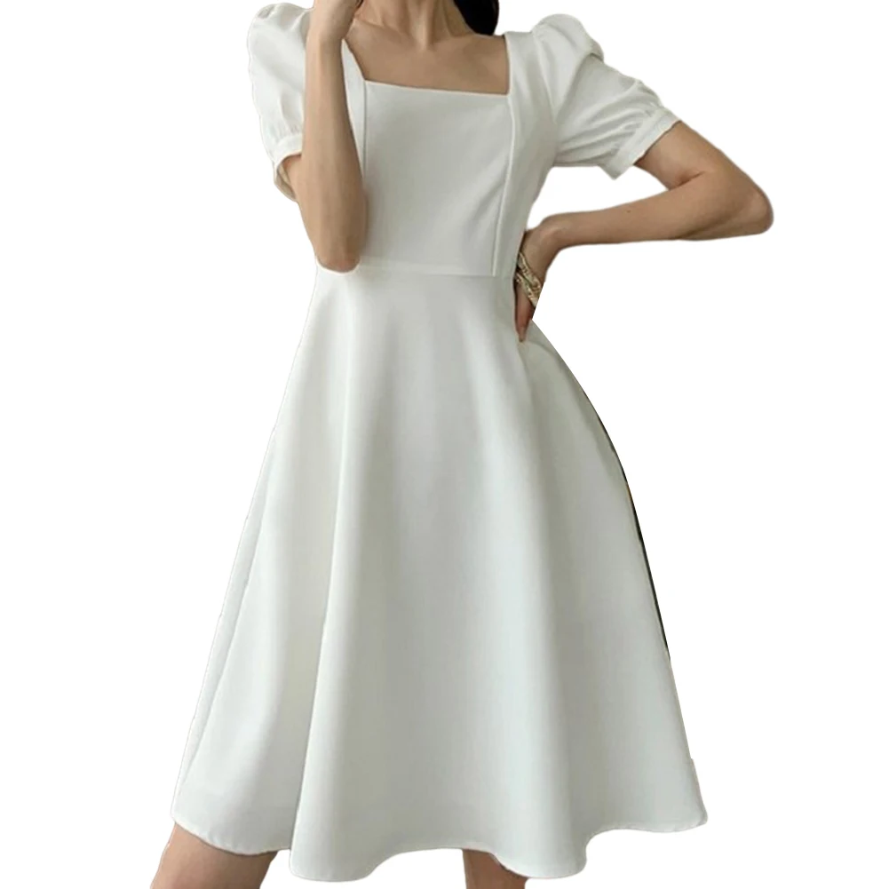 فستان نسائي أنيق بأكمام منفوخة سوداء ، رقبة مربعة ، على شكل حرف A-line ، كاجوال ، أحادي اللون ، صيفي