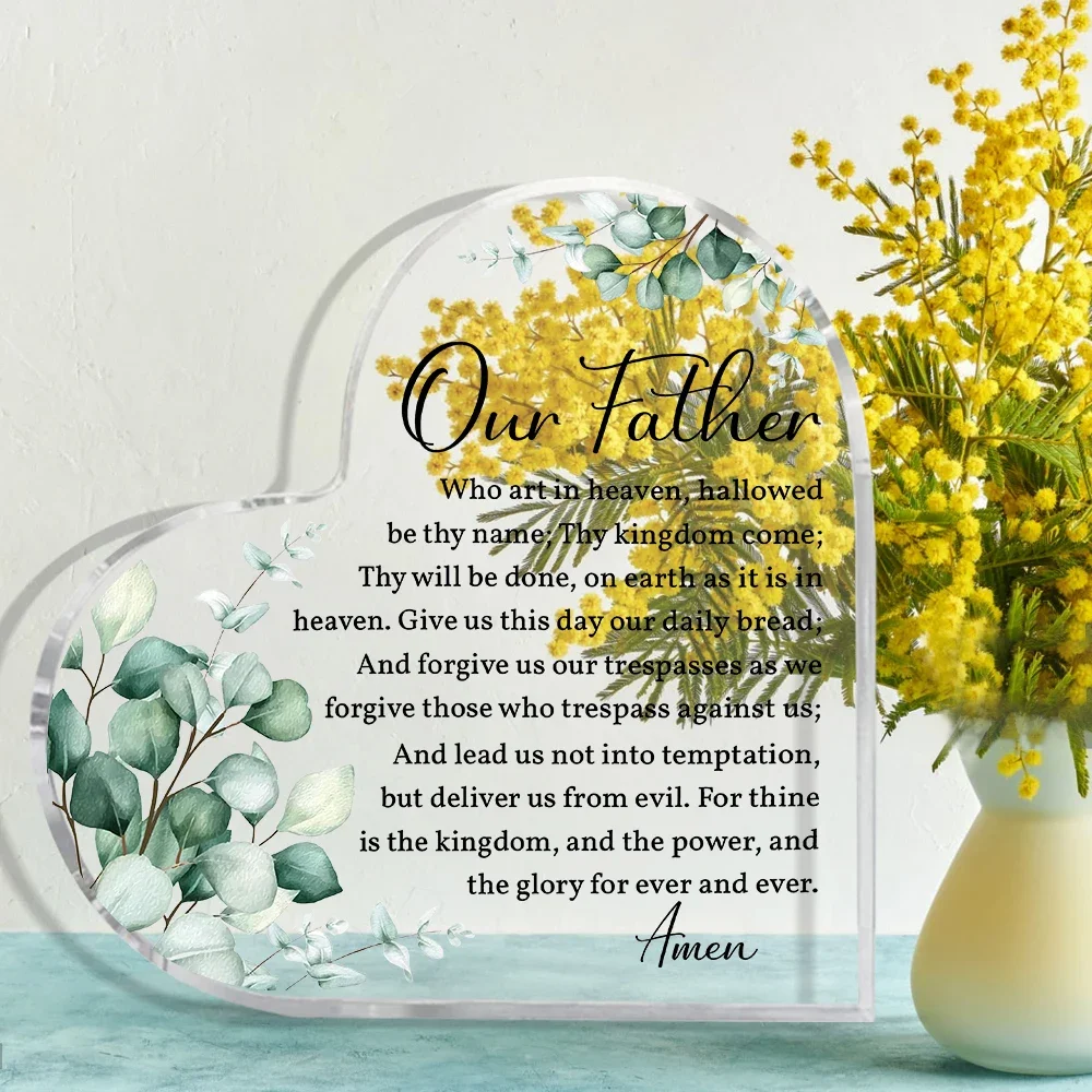 Heart Acrylic Desk Plaque The Lord's Prayer Our Father, Christian Eucalyptus Religious Decor