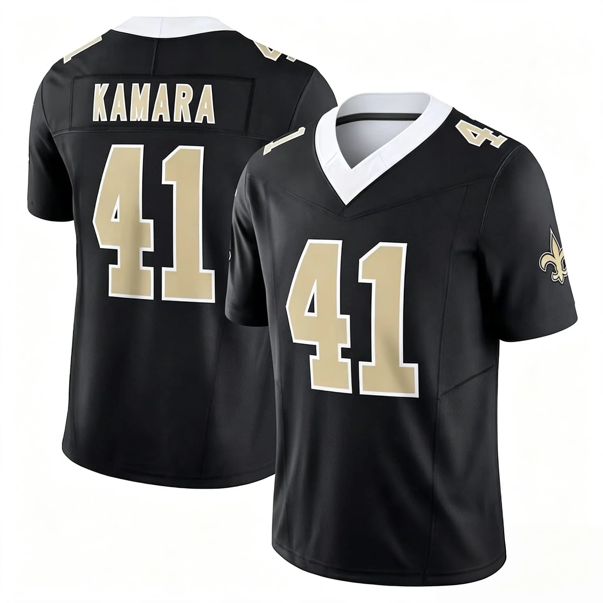 Männer New Orleans # 41 Kamara Schwarzes Heimtrikot mit V-Ausschnitt und kurzen Ärmeln für Fans, tägliche Sportbekleidung, Familien-Partnerlook – Detail 3