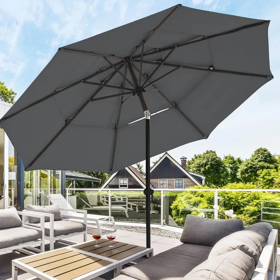 Parasol de patio à 3 niveaux de 9 pieds avec base robuste incluse pour une utilisation extérieure, tissu polyester résistant à la décoloration et imperméable avec 8 pièces