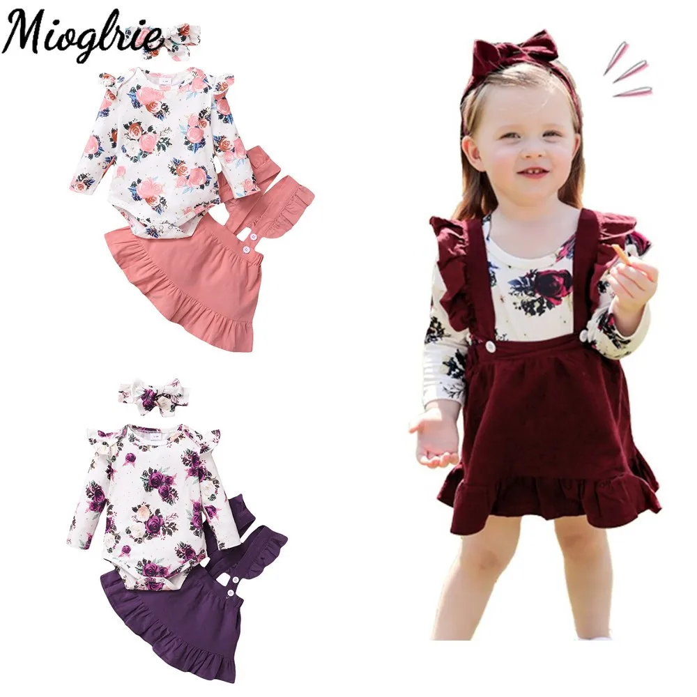 Ruffled Infant Girl Clothes Floral Baby Girl Clothes Set Newborn Fall Long Sleeve Baby Bodysuit Kids Clothes Girls Headband 3Pcs