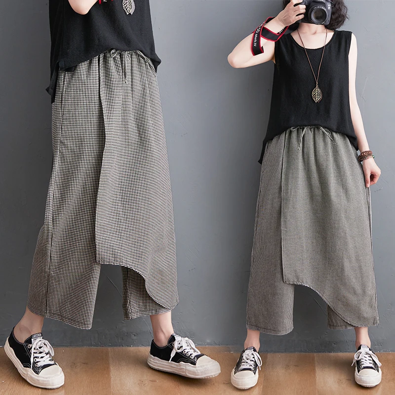 Cotton Linen Plaid Pants Casual Patchwork Fake Two-piece Straight New Fashion Front Stopper Skirt Women's Clothing Korea Stylish