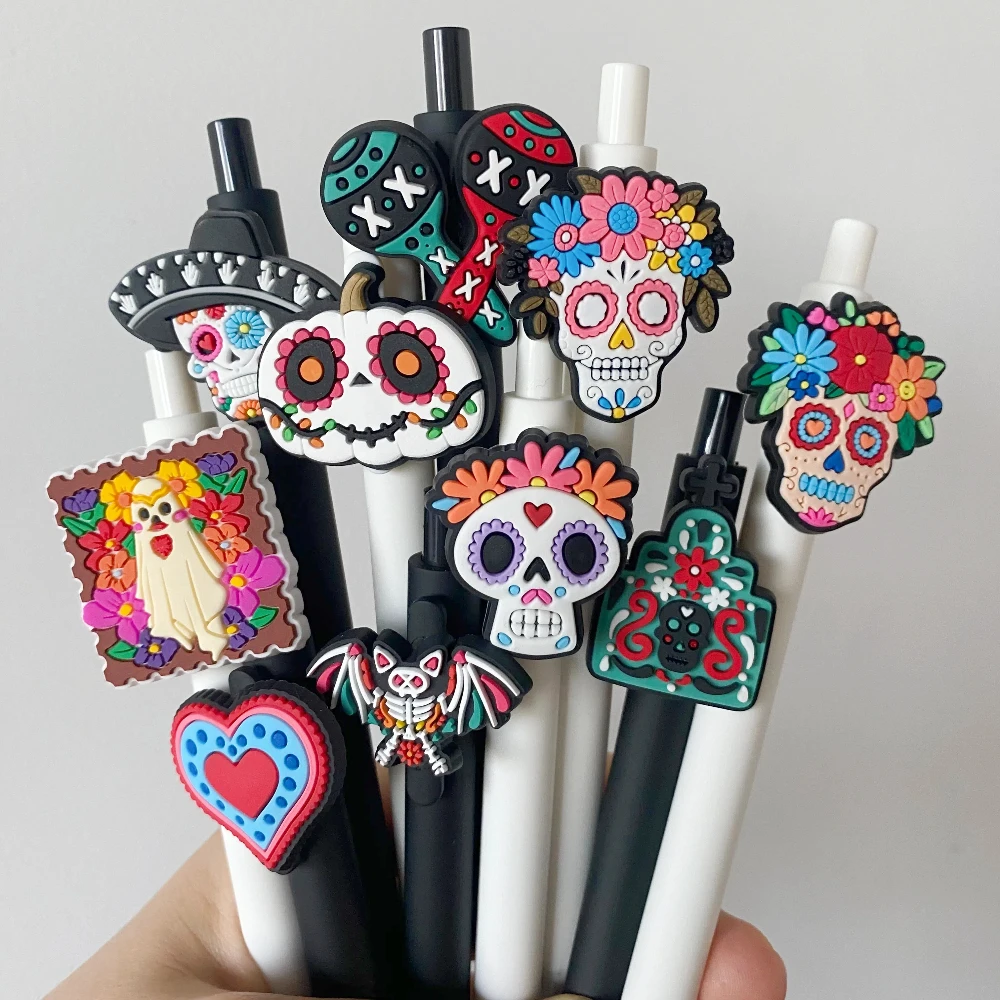 

10Pcs Sugar Skull Gel Pens Colorful Cinco De Mayo Retractable Black Get Ink Ball Point Pen Gifts