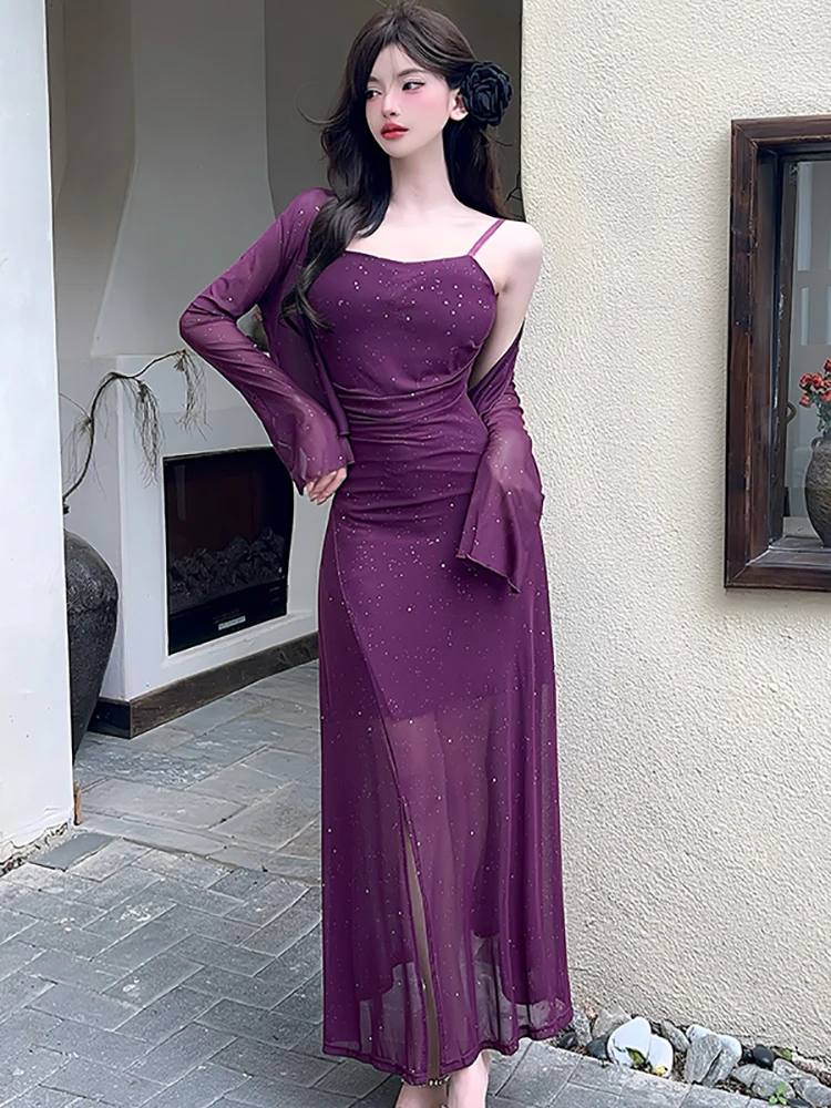 2025 rouge brillant maille Sexy fronde longue robe + t-shirts deux pièces ensembles femmes été coréen Vintage luxe moulante deux pièces costumes