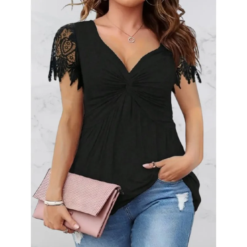 

Женская модная повседневная однотонная удобная футболка с короткими рукавами больших размеров 1XL-5XL с кружевным краем