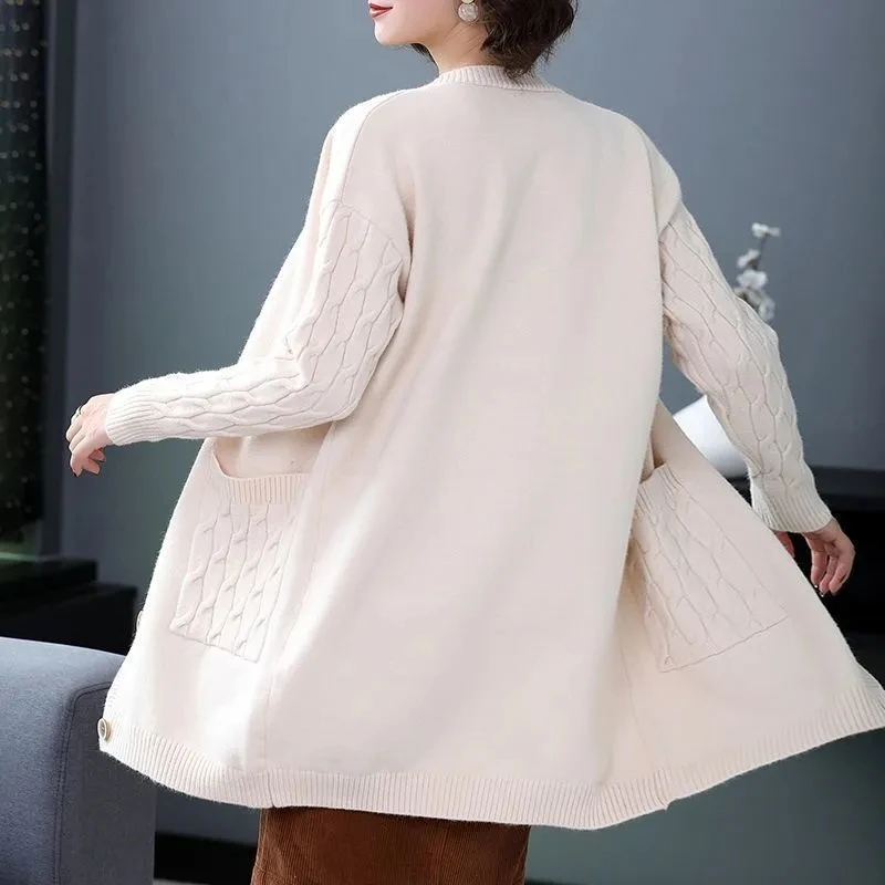 Women Mid-length Casual Knitted Cardigan V-neck Spring Fall Korean Sweater Oversize Loose Tops Coats Elegant Knitewear Outerwear