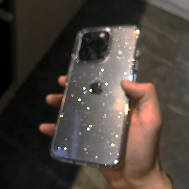 Transparent Simple Glitter Phone Case For iPhone 16 15 14 13 12 11 Pro Max XR XS MAX 7 8 14 PLUS Y2K Shockproof Clear Soft Cover