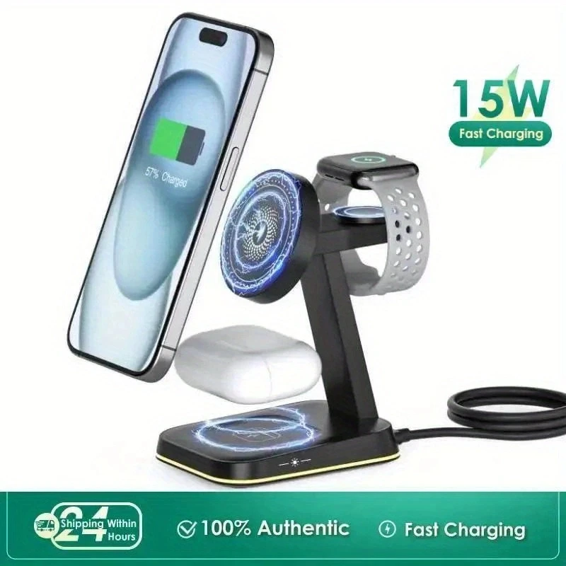 

3 в 1 подставка для беспроводного зарядного устройства, светодиодная подсветка, док-станция для быстрой зарядки 15 Вт для Macsafe iPhone16 15 14 13 12 Pro Max iWatch 9 8