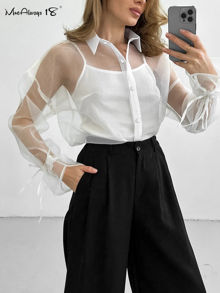 Mnealways18 White Mesh Elegant Shirts Women Turn Down Collar Thin Perspective Blouses Elegant Puff Sleeves Office Ladies Tops