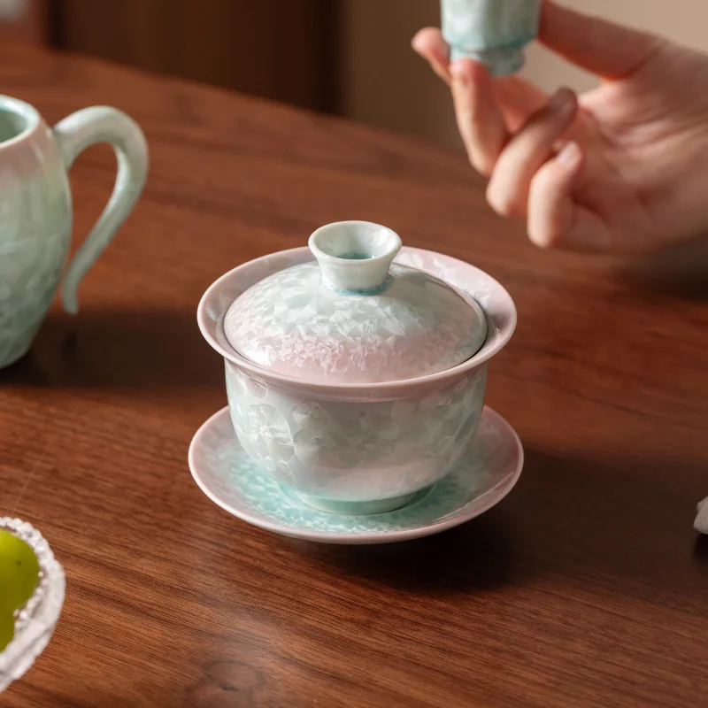 Crystal Glaze Kiln Change Sancai Cover Bowl Handmade Ceramic Large Tea Bowl Teacup High-End Kung Fu Tea Set Tea Bowl