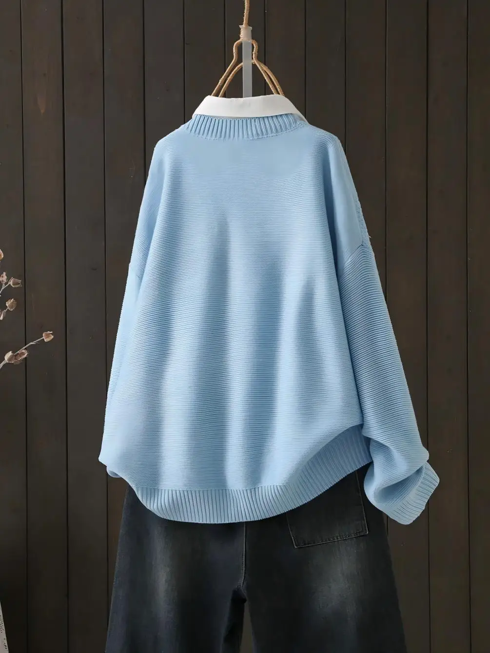 Damen Übergröße Rundhals Langarm Pullover Lässiger Herbst Frühling Strickpullover – Detail 2