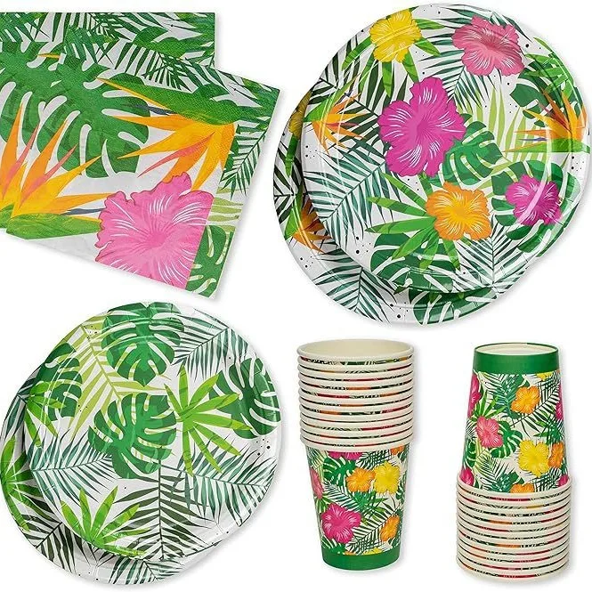 96p Hawaii Tropical Party Theme Set Einweg-Pappteller Pappbecher Papierhandtücher Geschirr Partydekorationen und Dekorationen