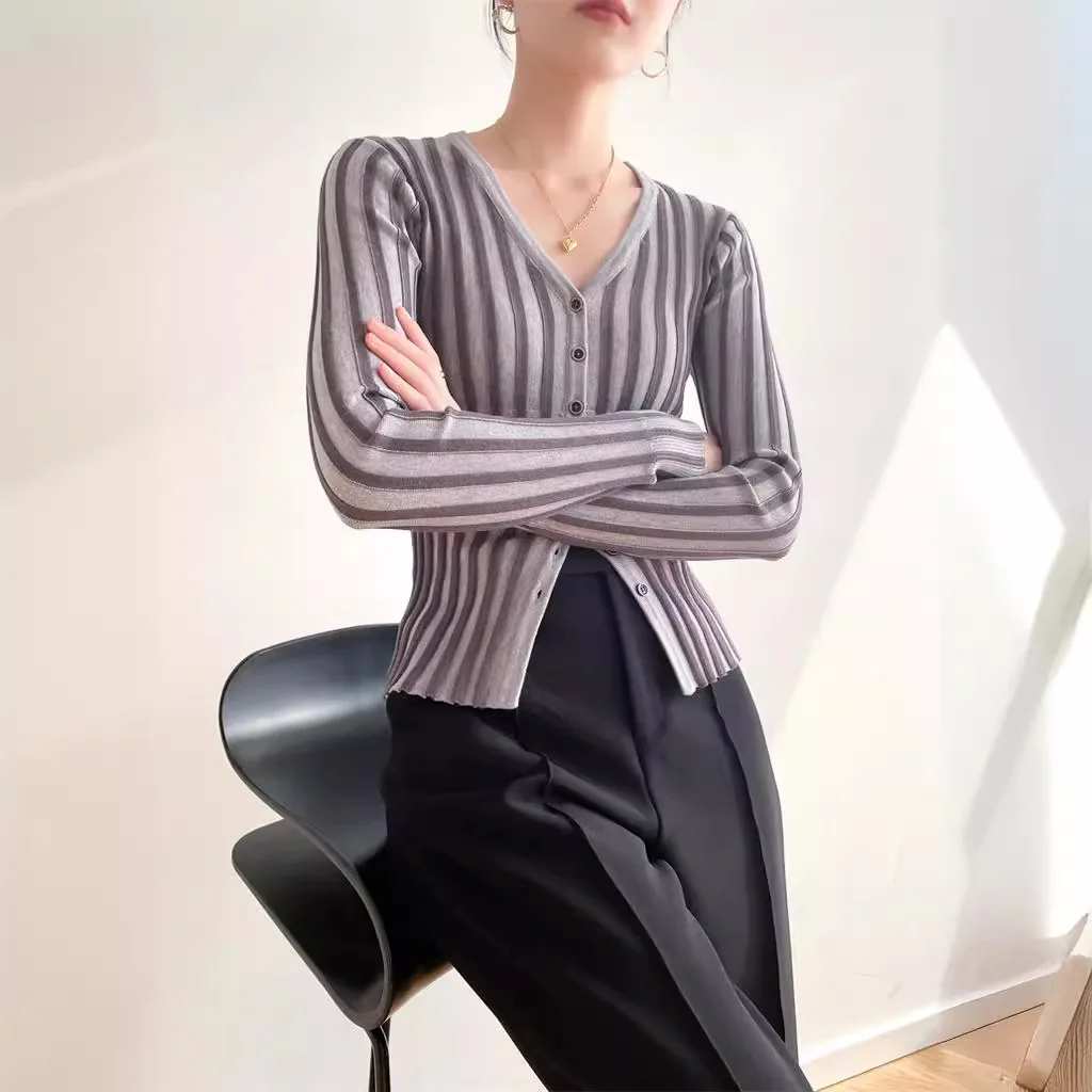 

6869 Slimming Ceiling~ Spring New Fashionable V-Neck Vertical Stripes Color-Block Waist-Slimming Cardigan Inner Wear Top