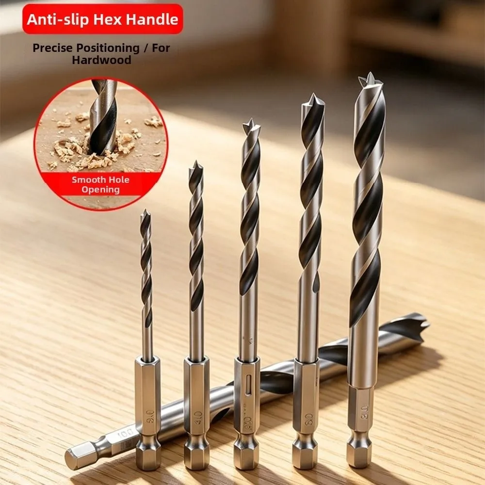 3-10mm Woodworking Drill Bit Hex Shank High Hardness Twist Drill Bit Three-Pointed Spiral Flute Hole Drilling Tool