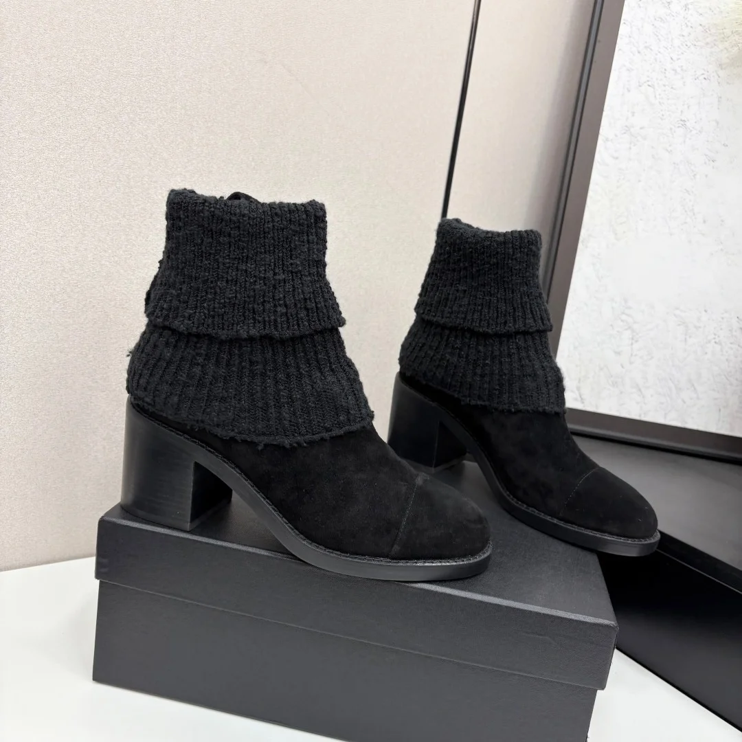 2026 High Quality Winter women shoes knit cuff block heel stylish mid calf ankle boots footwear ch25062541